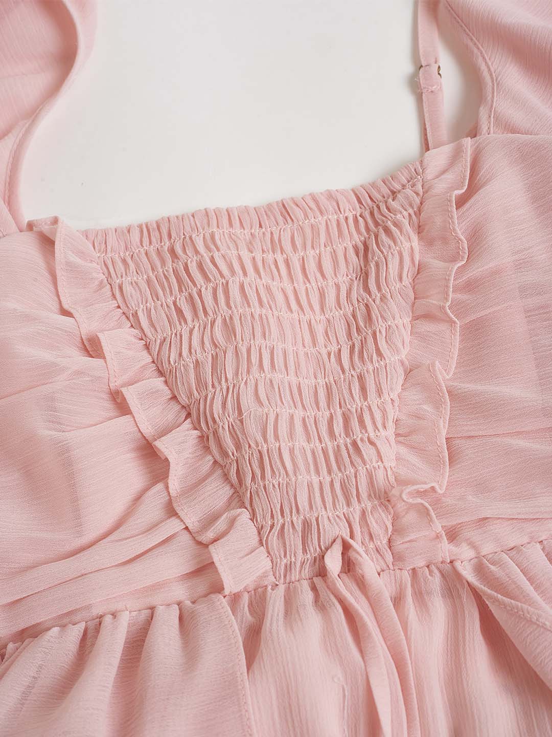 【Final Sale】Ariah Romantic Square Neck Ruffle Sleeves Pink Dress