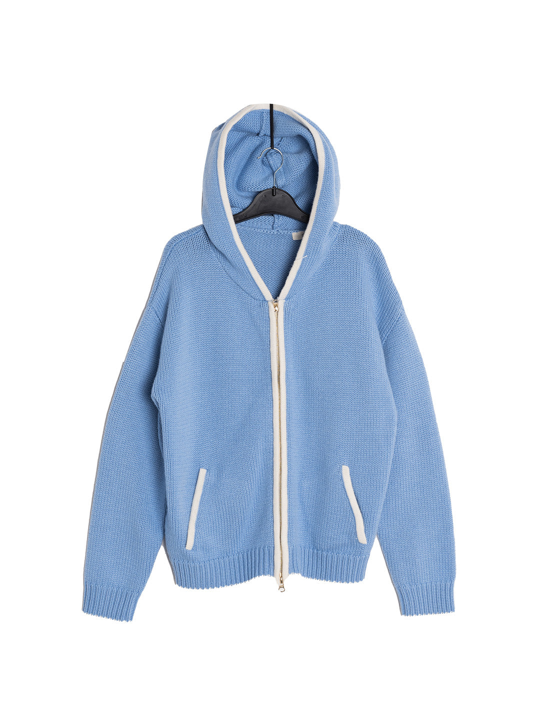 Mila Contrasting Pocket Knit Wool Hoodie - Blue