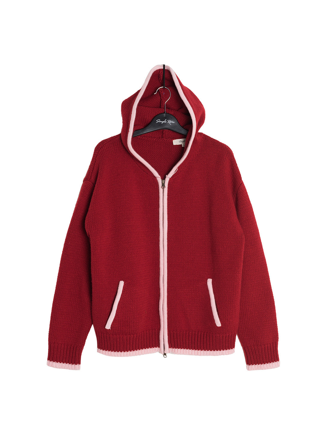 Mila Contrasting Pocket Knit Wool Hoodie - Red