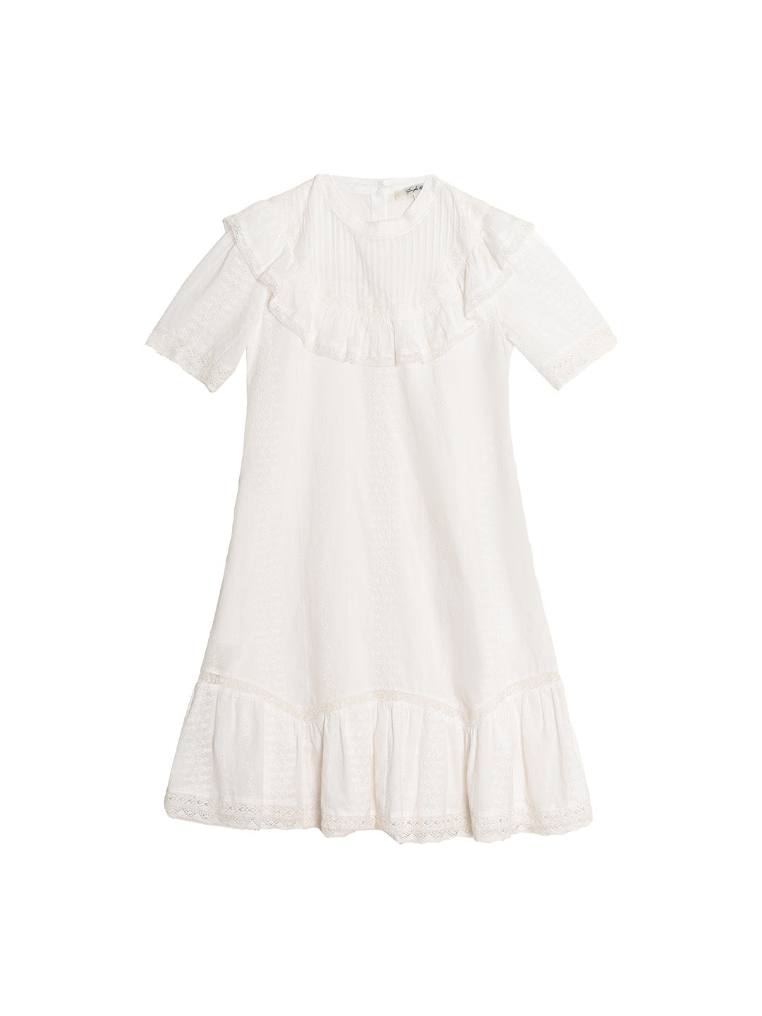 Alanna Mock Neck Lace All Over Embroidered Puff Sleeve Ruffle Cotton Dress