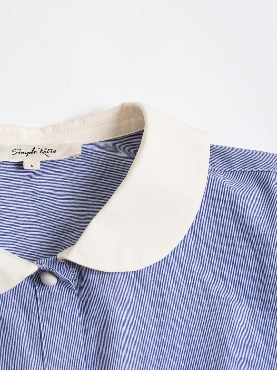 Luz Blue & White Striped Peter Pan Collar Contrast Cotton Shirt