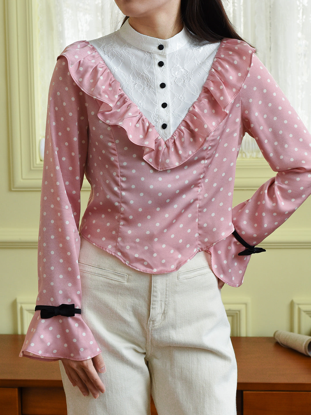 【Final Sale】Milana Mock Neck Contrast Lace Bow Trumpet Sleeves Polka Dot Blouse