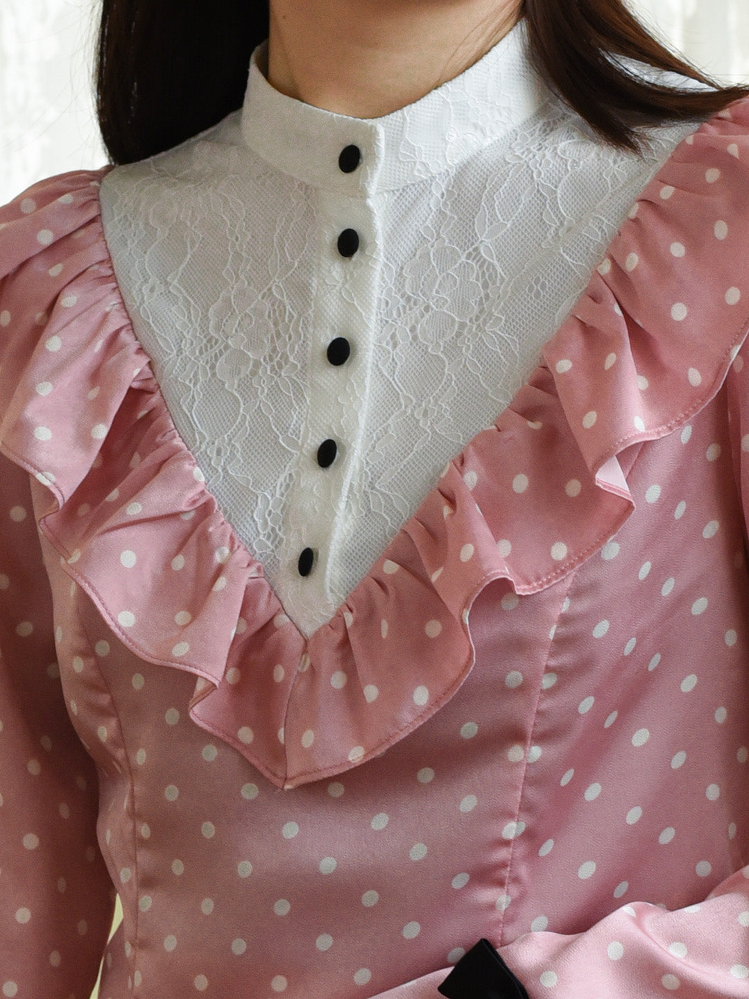 【Final Sale】Milana Mock Neck Contrast Lace Bow Trumpet Sleeves Polka Dot Blouse