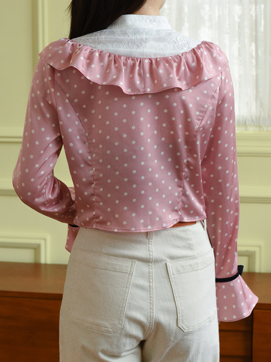 【Final Sale】Milana Mock Neck Contrast Lace Bow Trumpet Sleeves Polka Dot Blouse