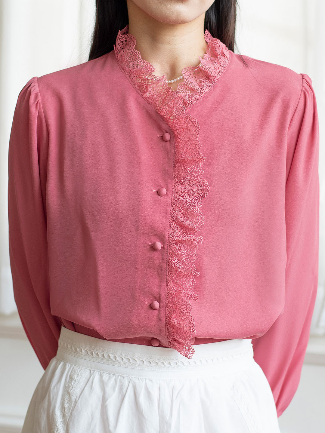 Hanna Puff Sleeve Pink Lace Blouse