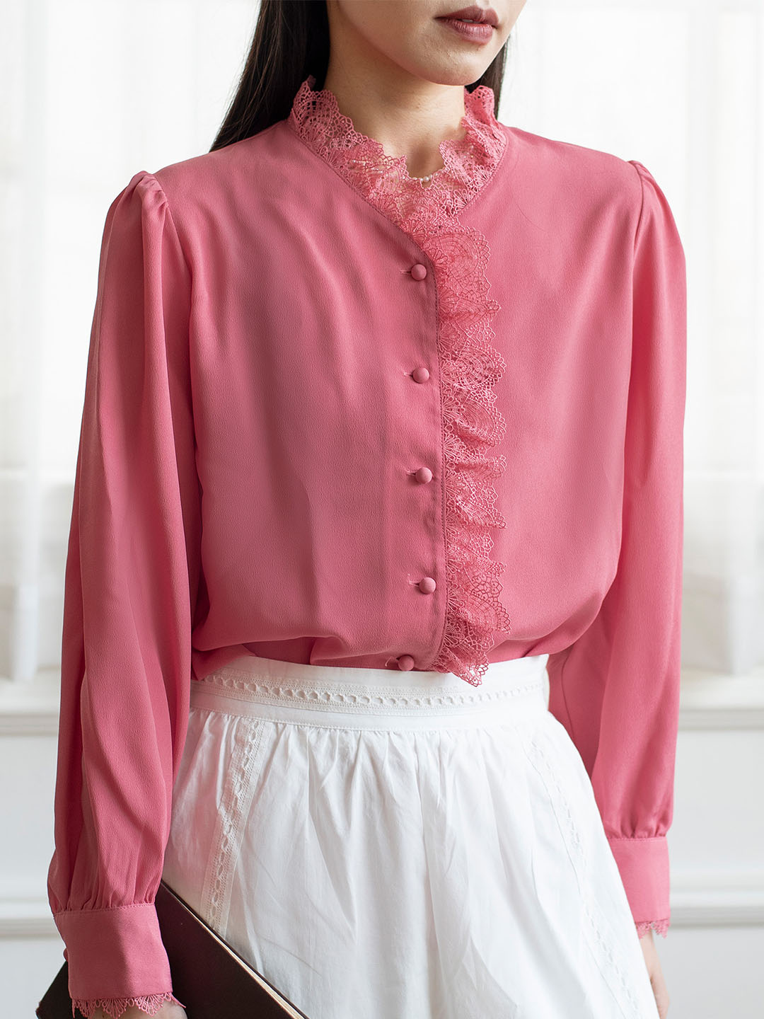 Hanna Puff Sleeve Pink Lace Blouse