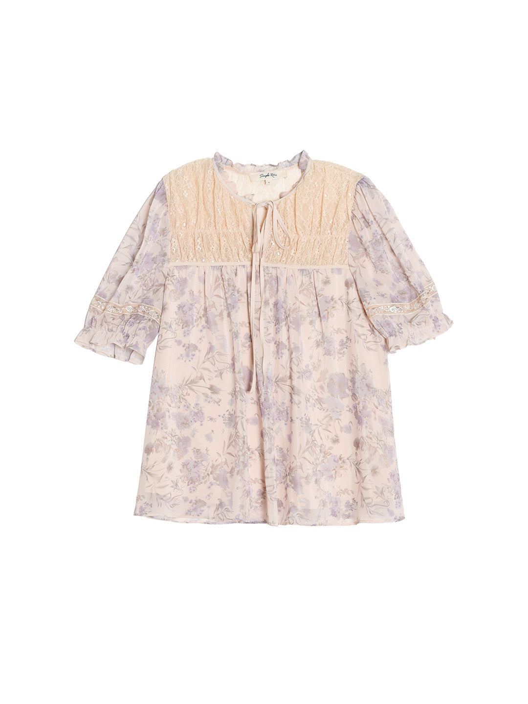 Tessa Bow Lace Floral Print Puff Sleeve Blouse