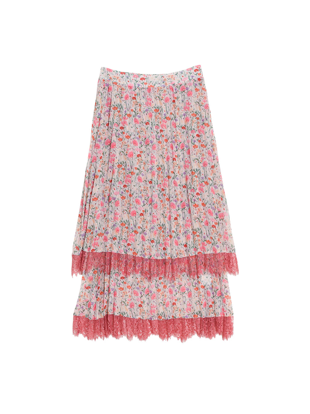 Lilliana Floral Printed Lace Pleated Skirt-Pink