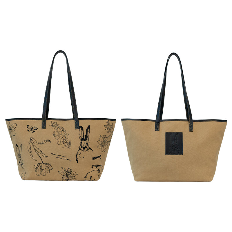 Chowxiaodou Rabbit Print Tote Bag-Khaki