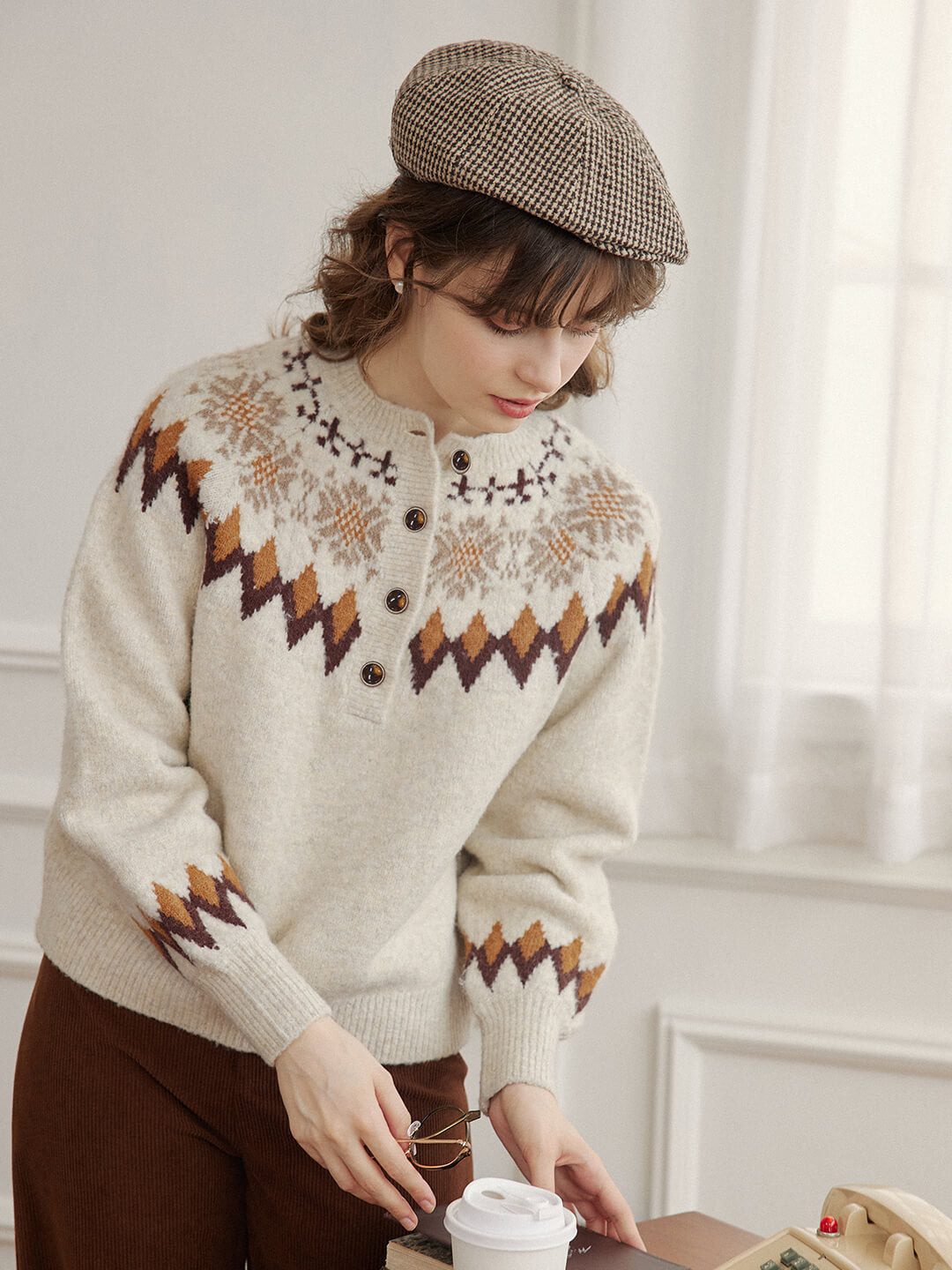 Natalia Snowflake Jacquard Hazelnut Fair Isle Knit Sweater