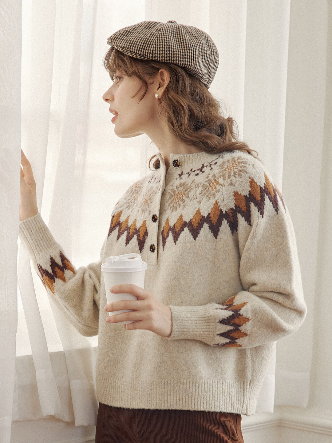 Natalia Snowflake Jacquard Hazelnut Fair Isle Knit Sweater