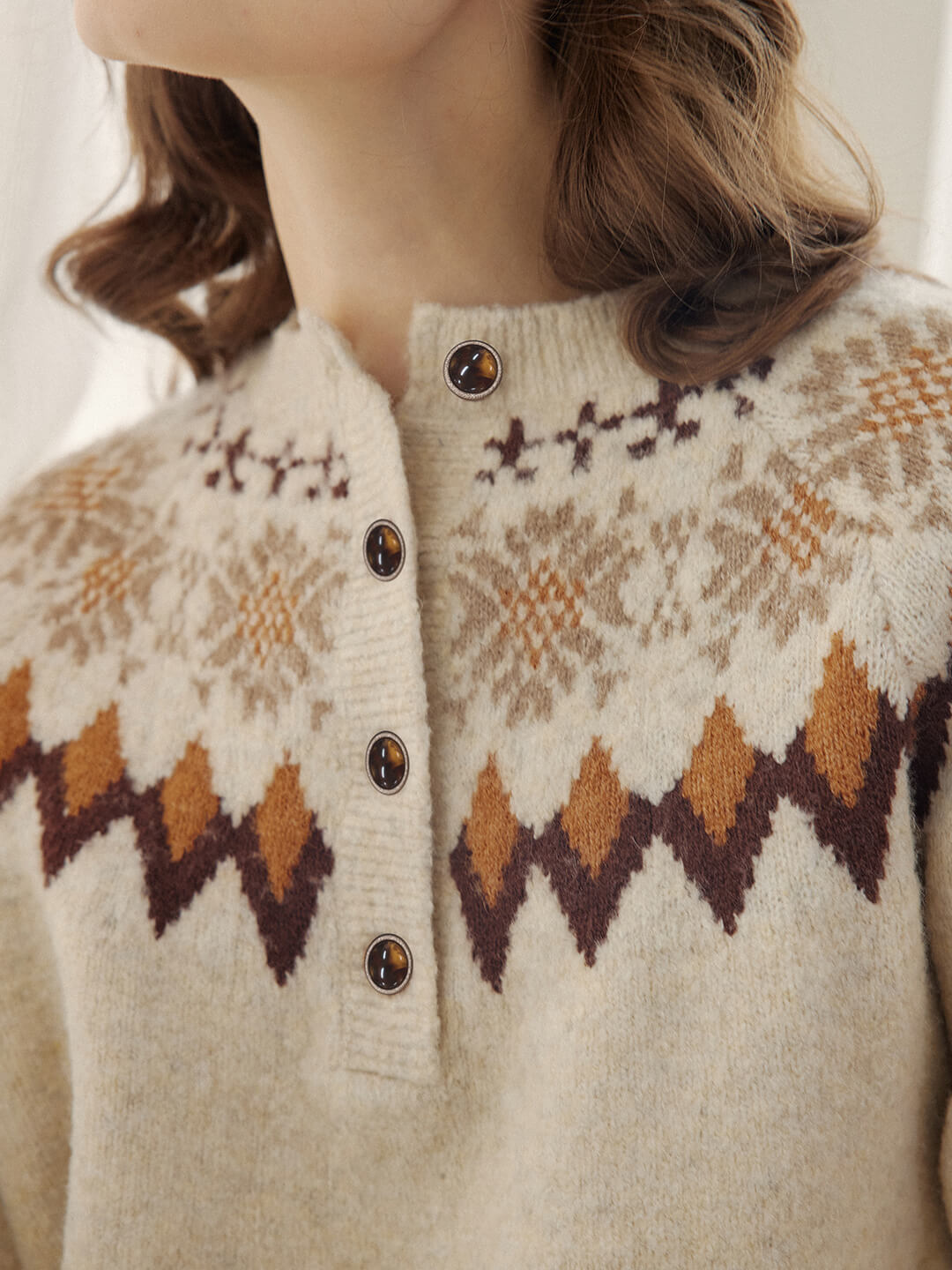 Natalia Snowflake Jacquard Hazelnut Fair Isle Knit Sweater