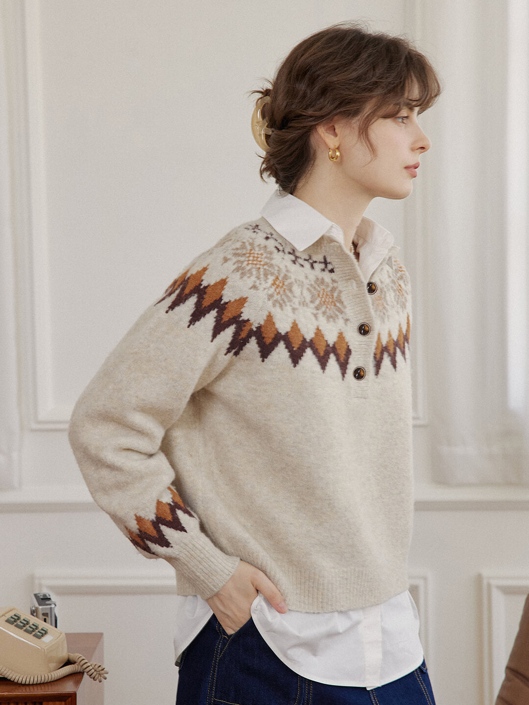 Natalia Snowflake Jacquard Hazelnut Fair Isle Knit Sweater