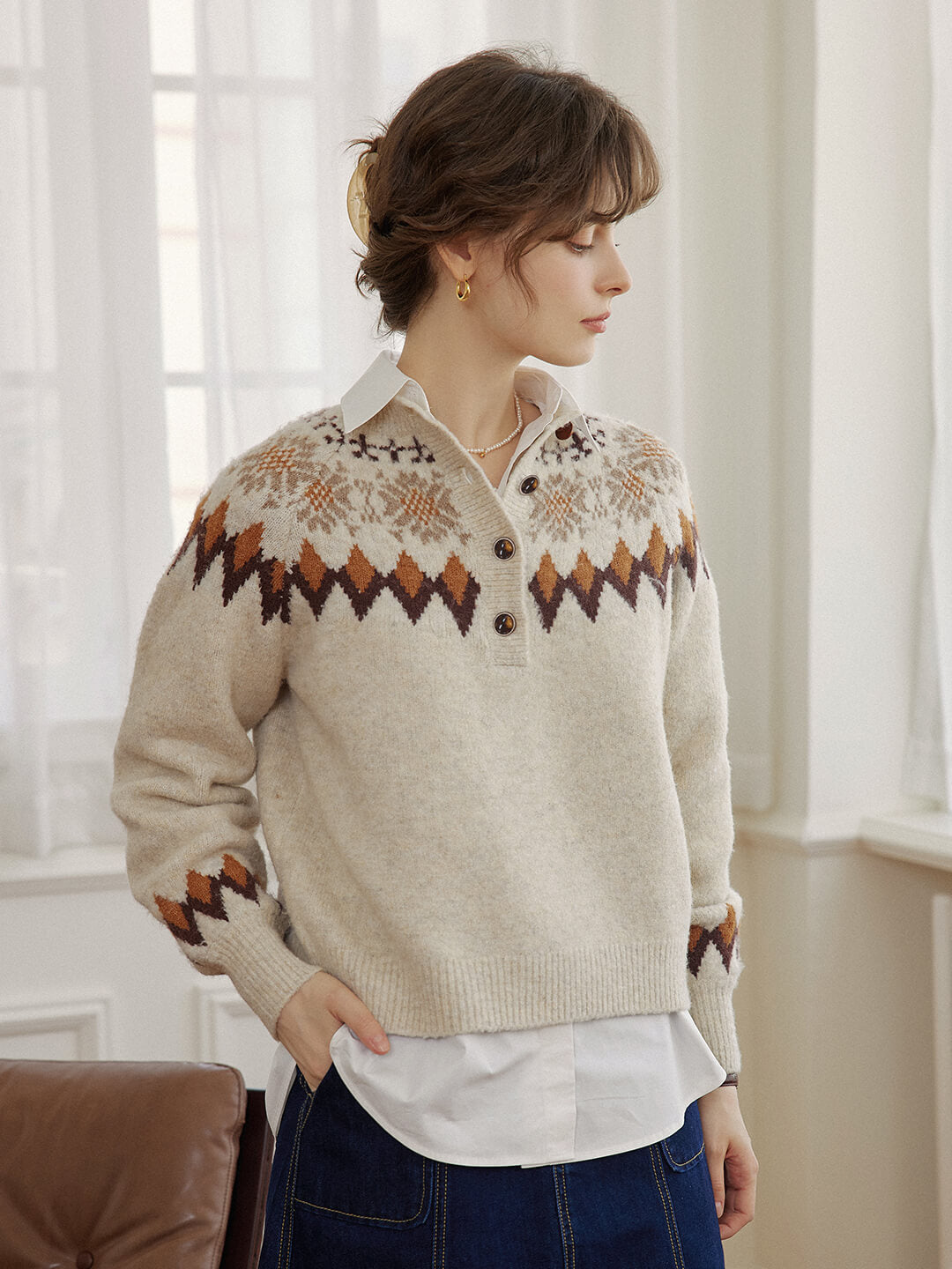 Natalia Snowflake Jacquard Hazelnut Fair Isle Knit Sweater