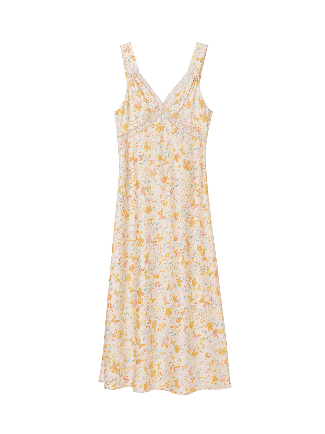 Annie Printed Lace Yellow Midi Nightgown/SIMPLE RETRO