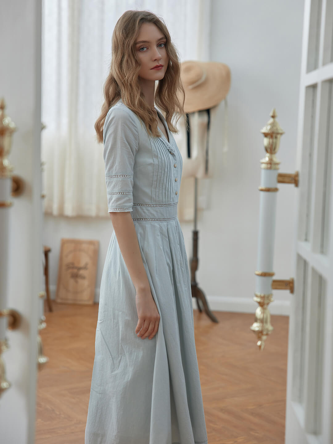 Fiona Cotton Blue Midi Dress/SIMPLE RETRO