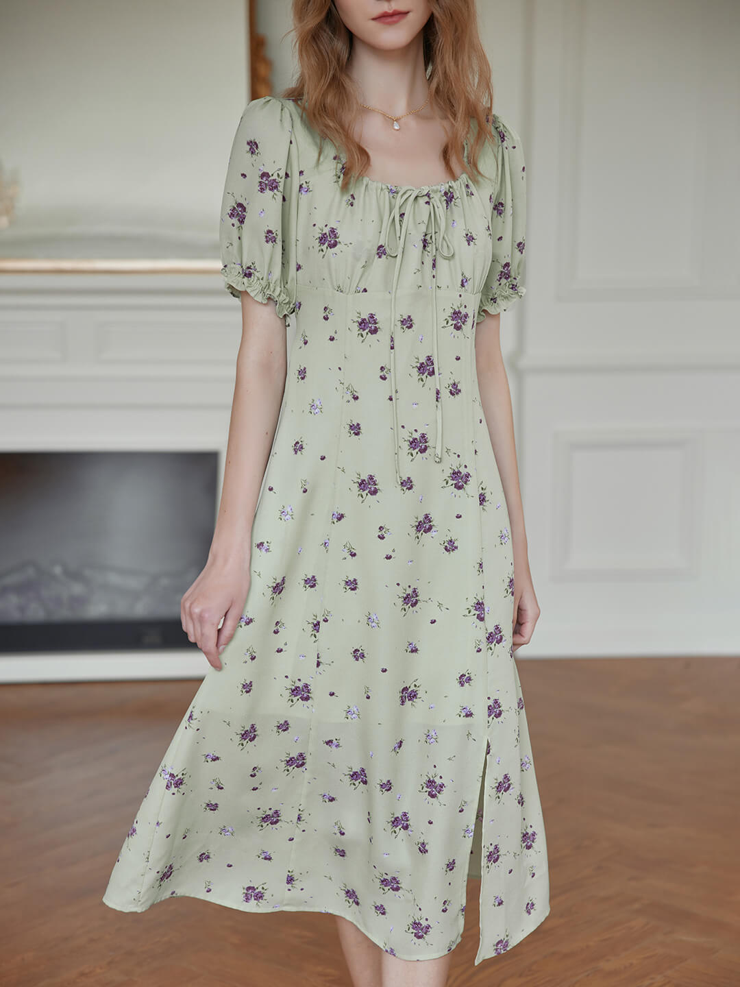 Magnolia Printed Floral Green Midi Dress/SIMPLE RETRO