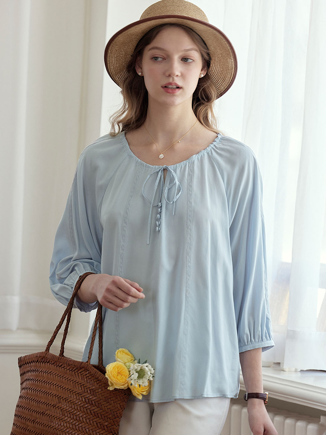 【Final Sale】Kenzie Cool Tencel Linen Light Blue Tie Blouse