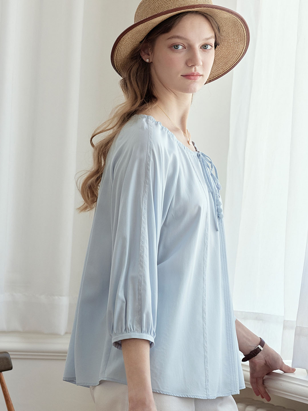 【Final Sale】Kenzie Cool Tencel Linen Light Blue Tie Blouse