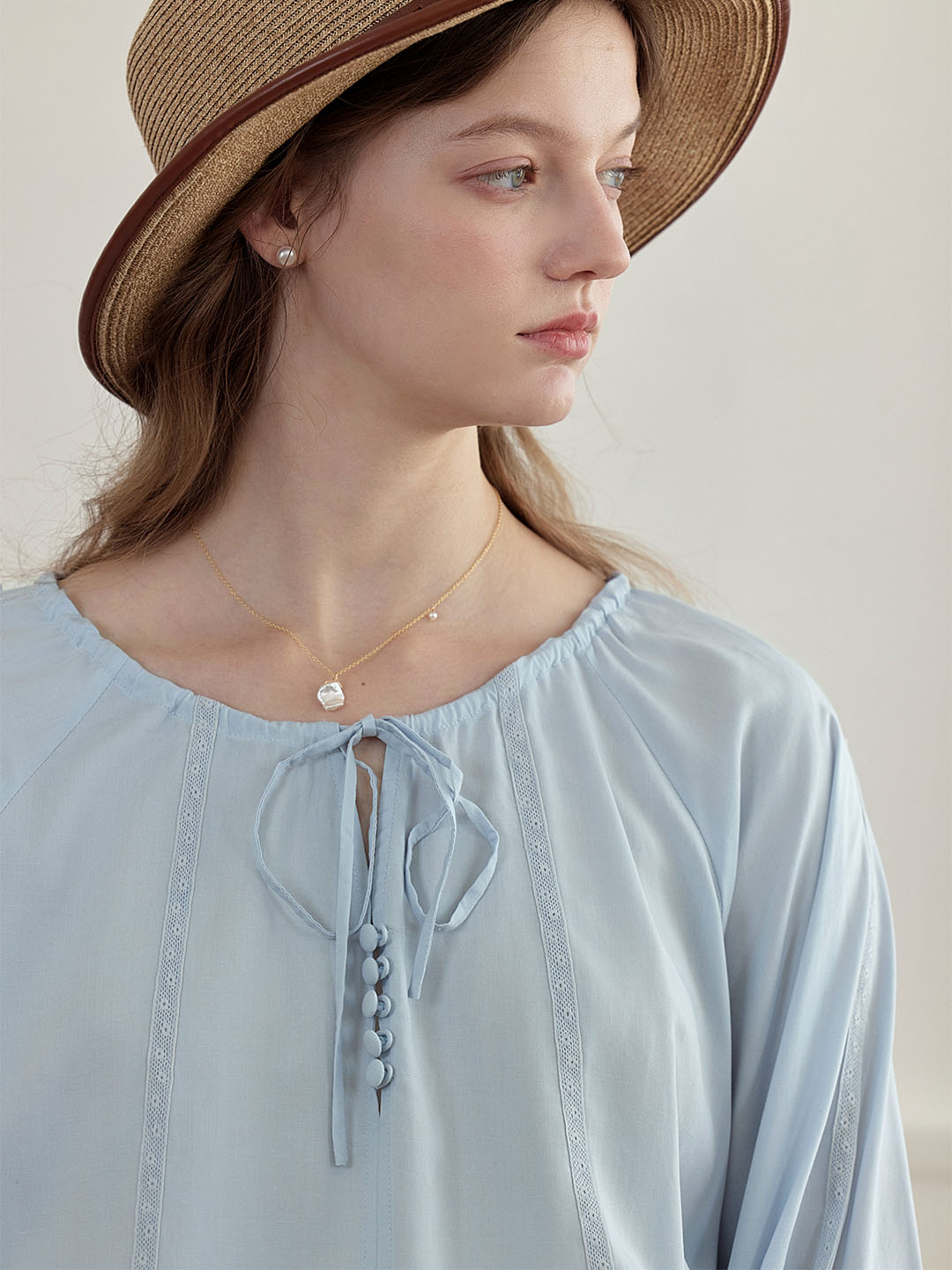 【Final Sale】Kenzie Cool Tencel Linen Light Blue Tie Blouse