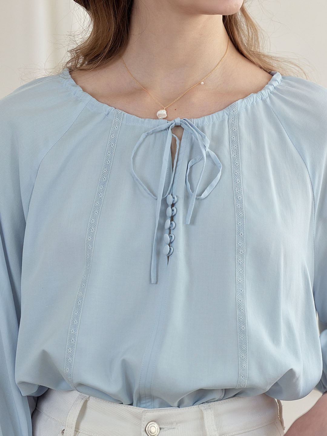 【Final Sale】Kenzie Cool Tencel Linen Light Blue Tie Blouse