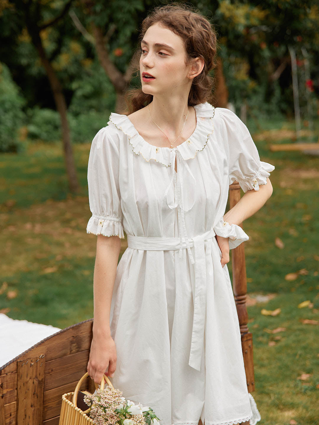 Elodie Ruffle White Midi Victorian Dress