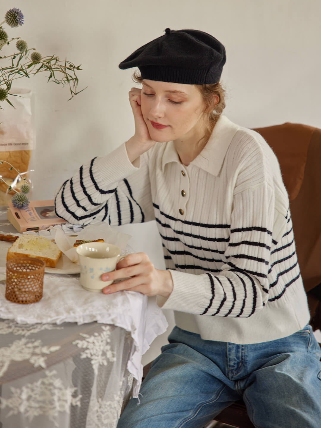 Davian Striped White Polo Knit Top/simple retro