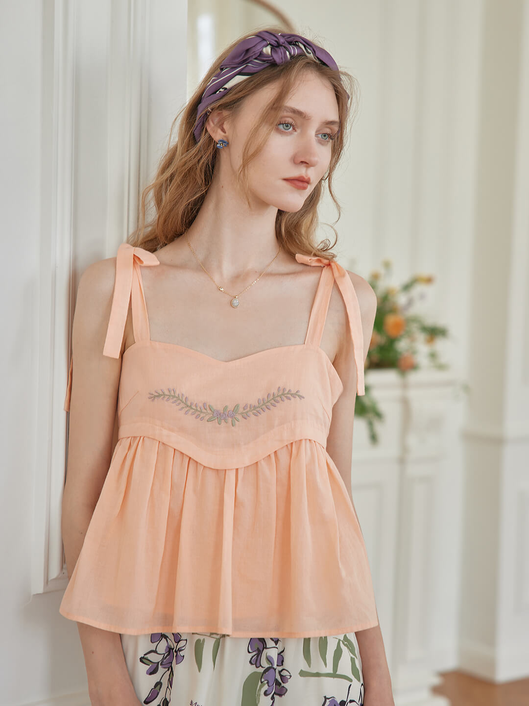 Lucy Embroidered Orange Lace-up Tank Top/Simple Retro/66073