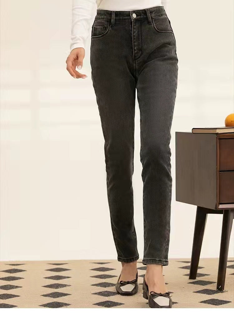 Jane High-waisted Skinny Blue Fleece Jeans/Simple Retro/66018