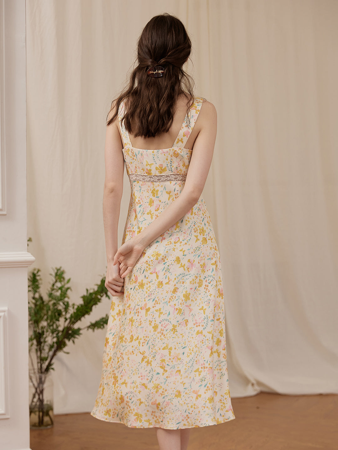 Annie Printed Lace Yellow Midi Nightgown/SIMPLE RETRO