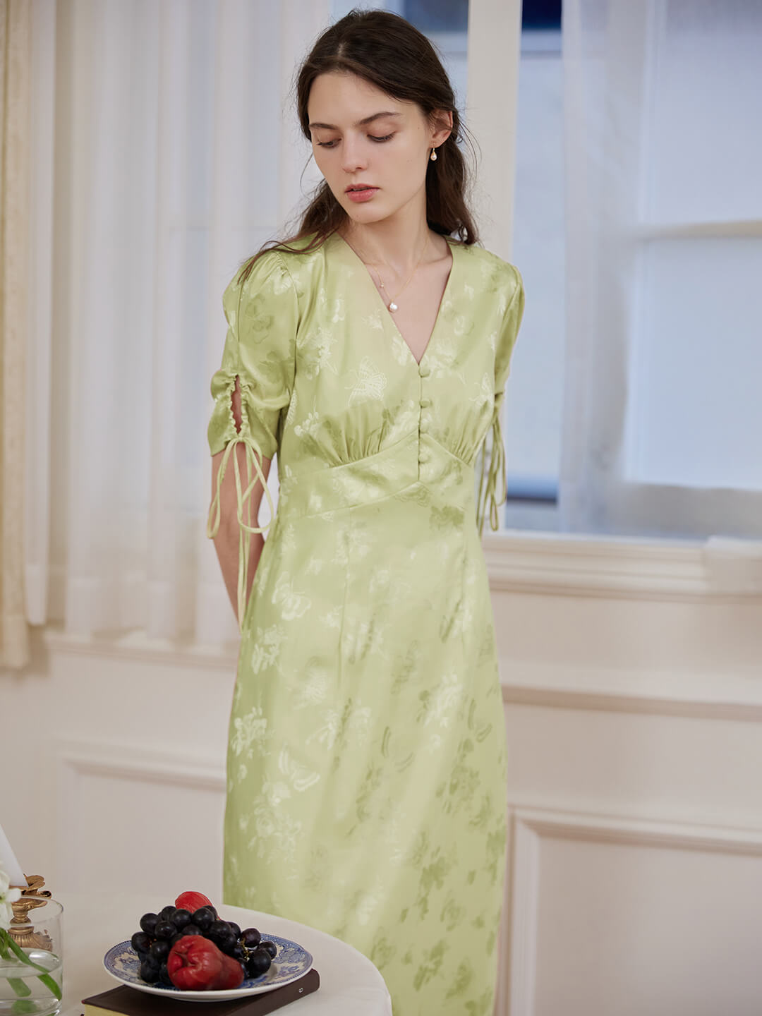 Kora Retro Floral Jacquard Green Tea Length Dress/SIMPLE RETRO