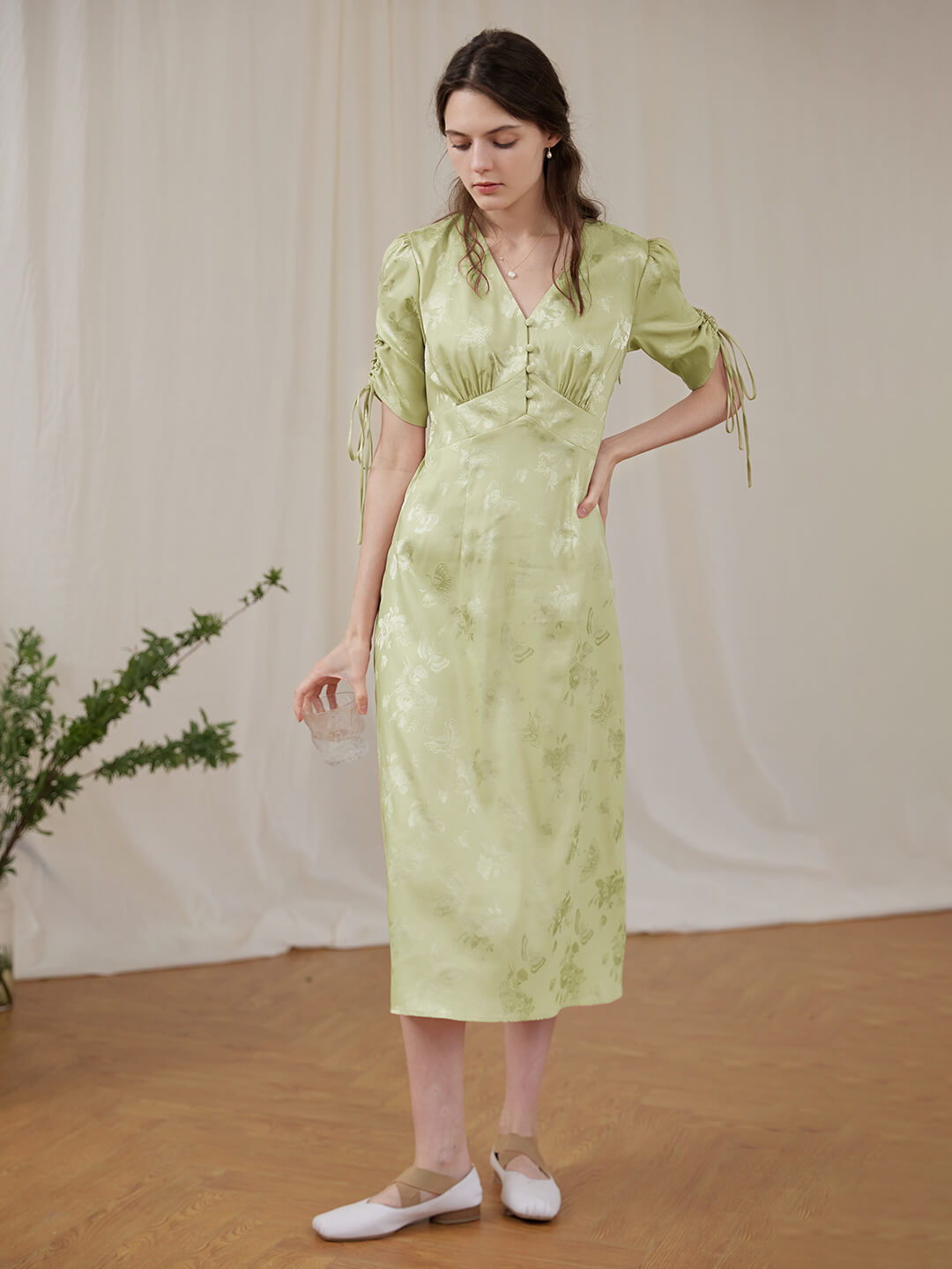Kora Retro Floral Jacquard Green Tea Length Dress/SIMPLE RETRO