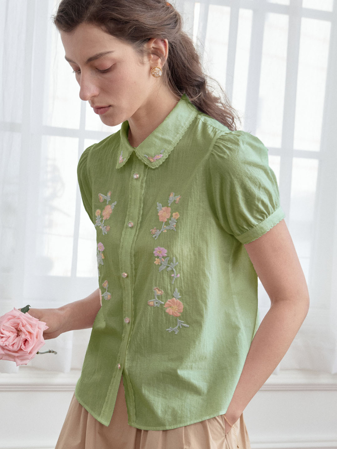 【Final Sale】Emmy Floral Embroidery Button Front Shirt