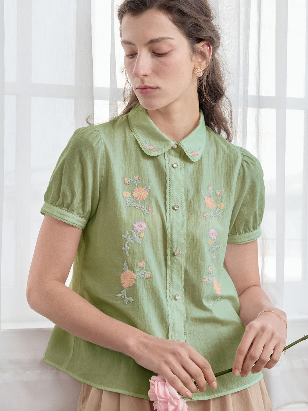 【Final Sale】Emmy Floral Embroidery Button Front Shirt