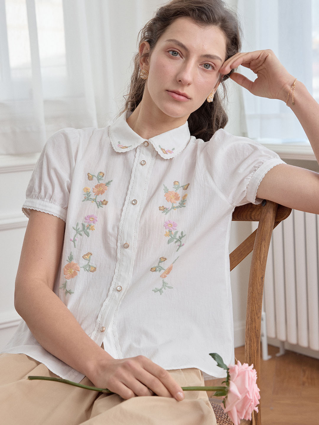 【Final Sale】Emmy Floral Embroidery Button Front Shirt