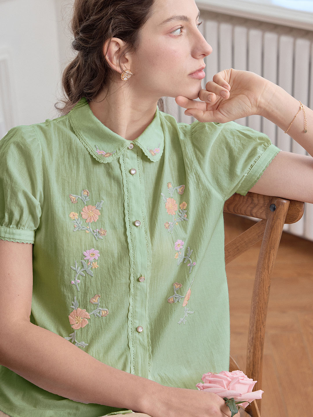 【Final Sale】Emmy Floral Embroidery Button Front Shirt