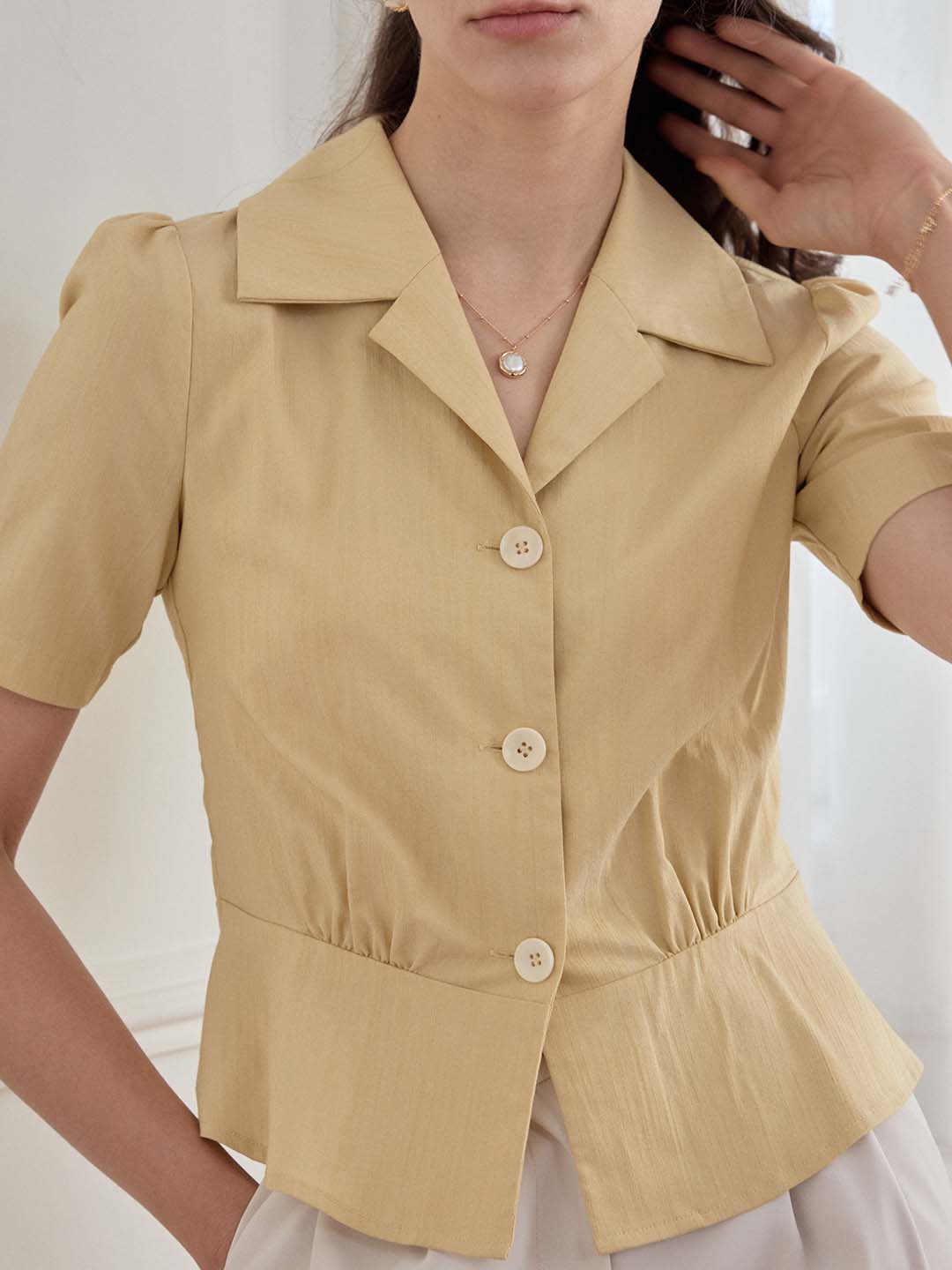 Helena Lapel Yellow Short Sleeve Blouse