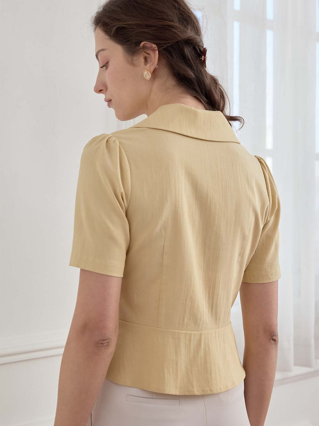 Helena Lapel Yellow Short Sleeve Blouse