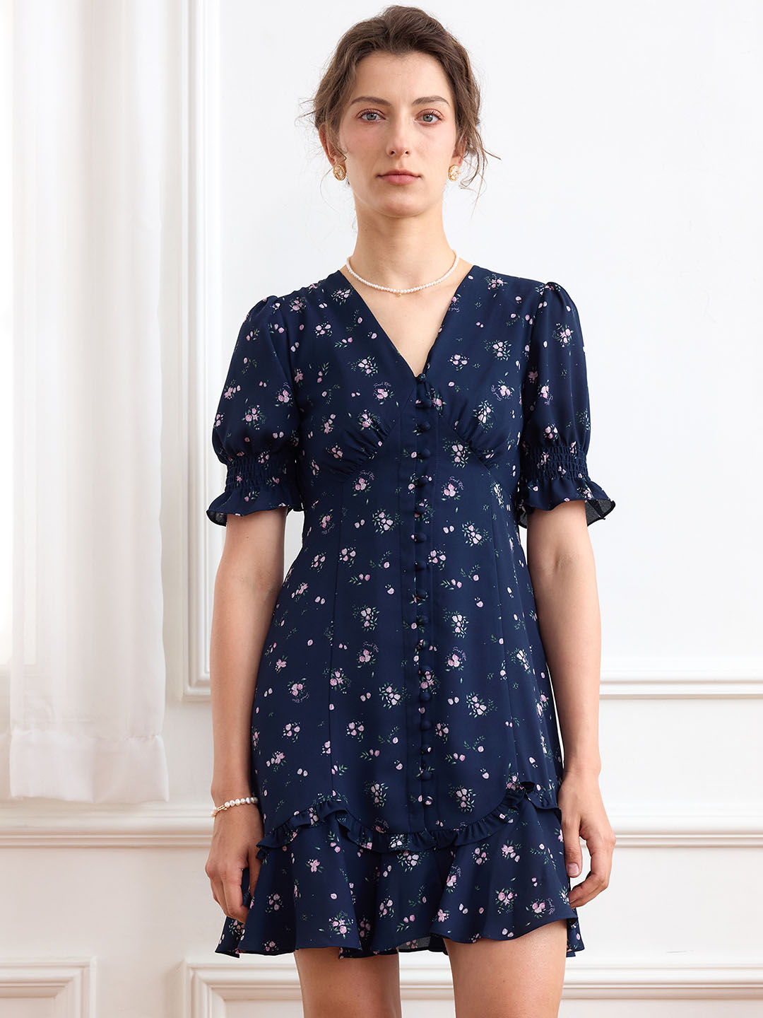 【Final Sale】Nalani Ditsy Floral Print Puff Sleeve Ruffle Hem Dress