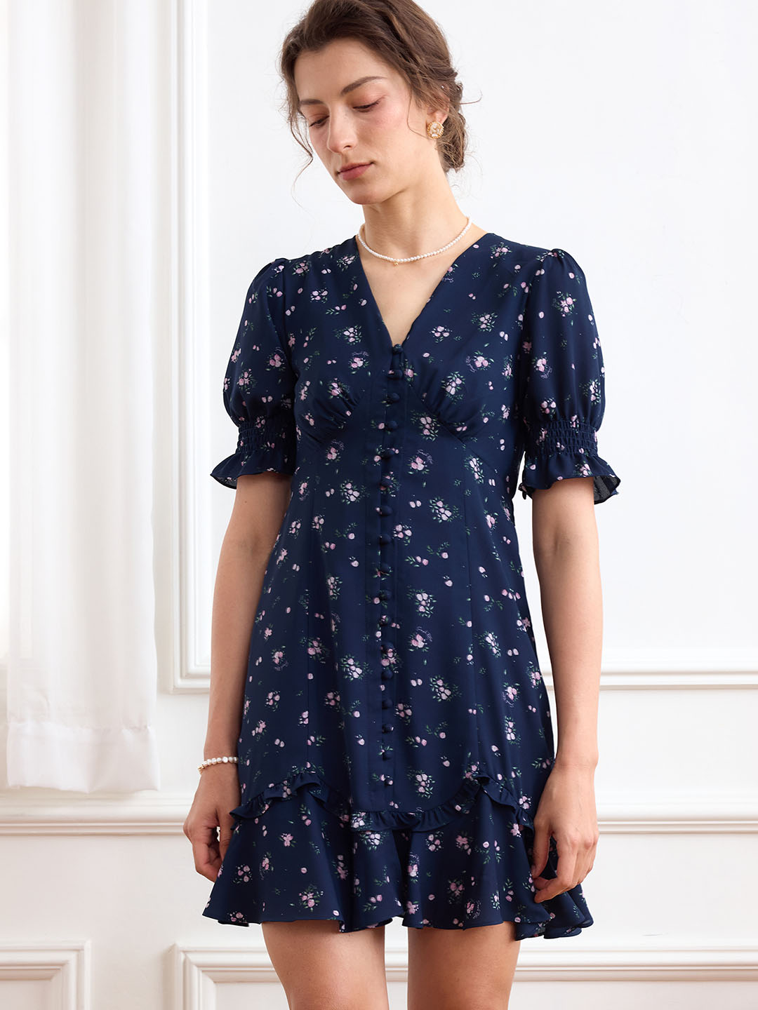 【Final Sale】Nalani Ditsy Floral Print Puff Sleeve Ruffle Hem Dress