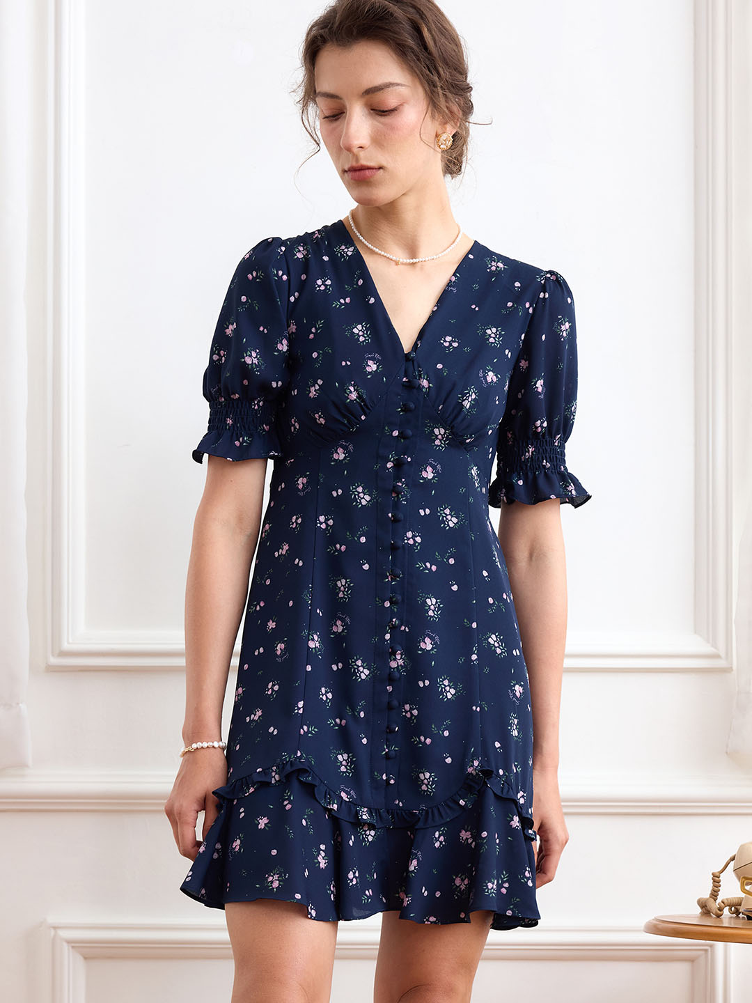 Nalani Ditsy Floral Print Puff Sleeve Ruffle Hem Dress