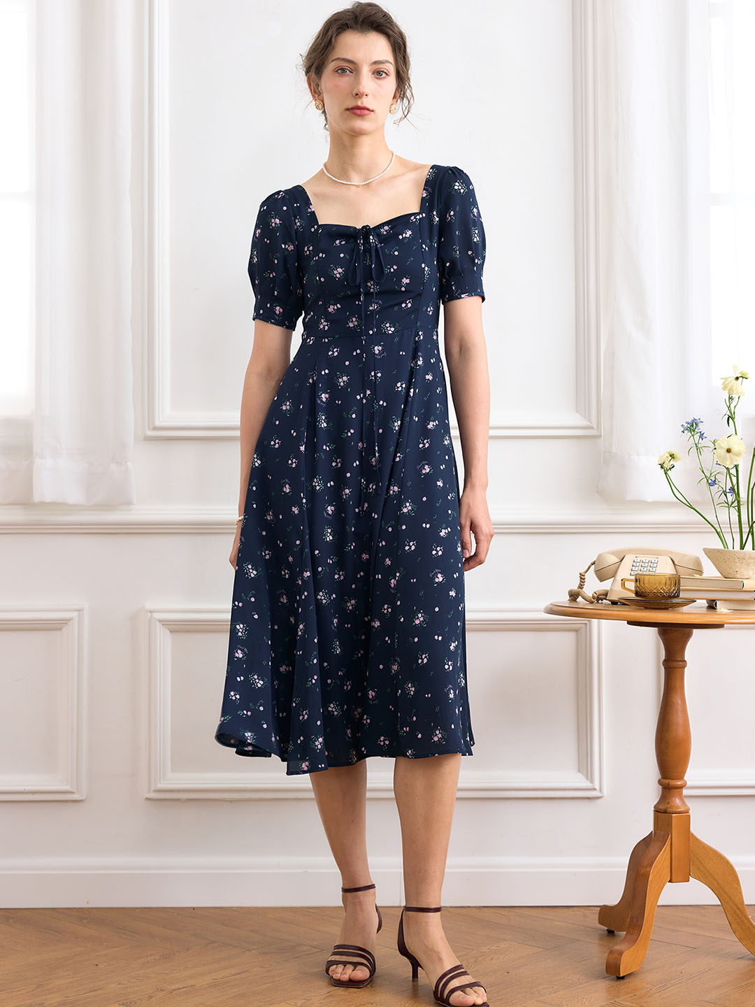 Davina Ditsy Floral Print Knot Front Puff Sleeve Dress