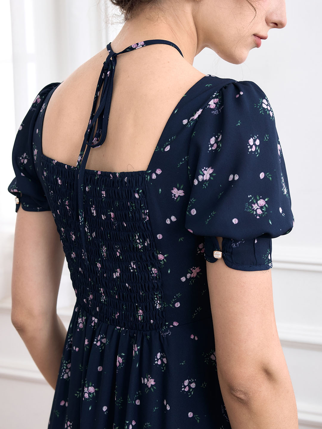 Davina Ditsy Floral Print Knot Front Puff Sleeve Dress