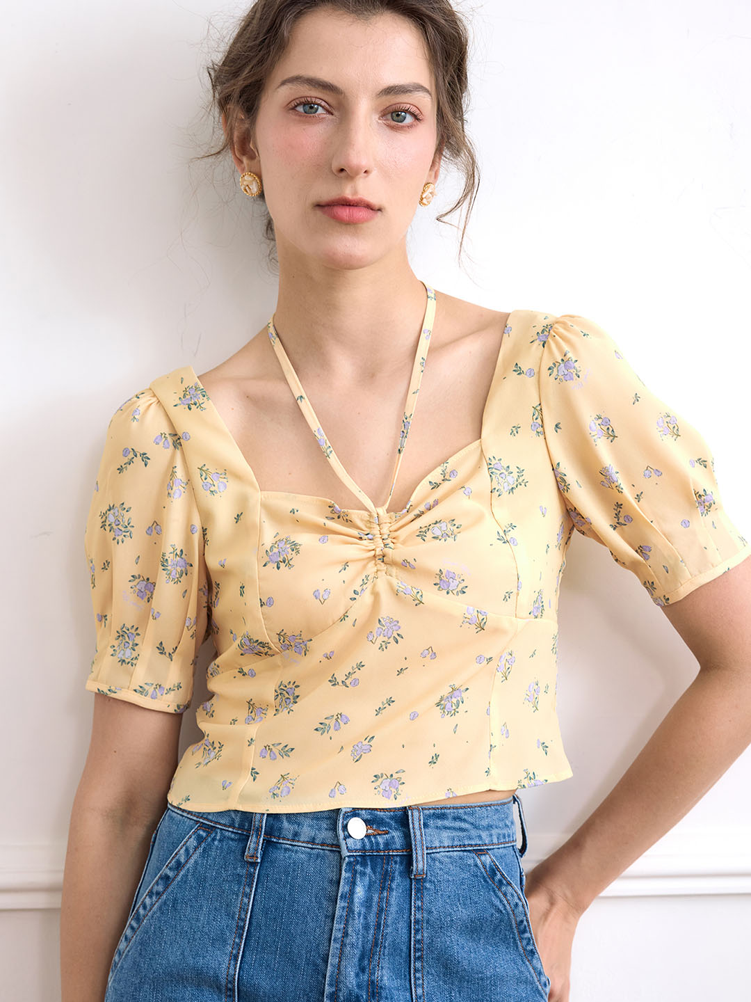 Sasha Ditsy Floral Print Ruched Bust Tie Back Crop Blouse