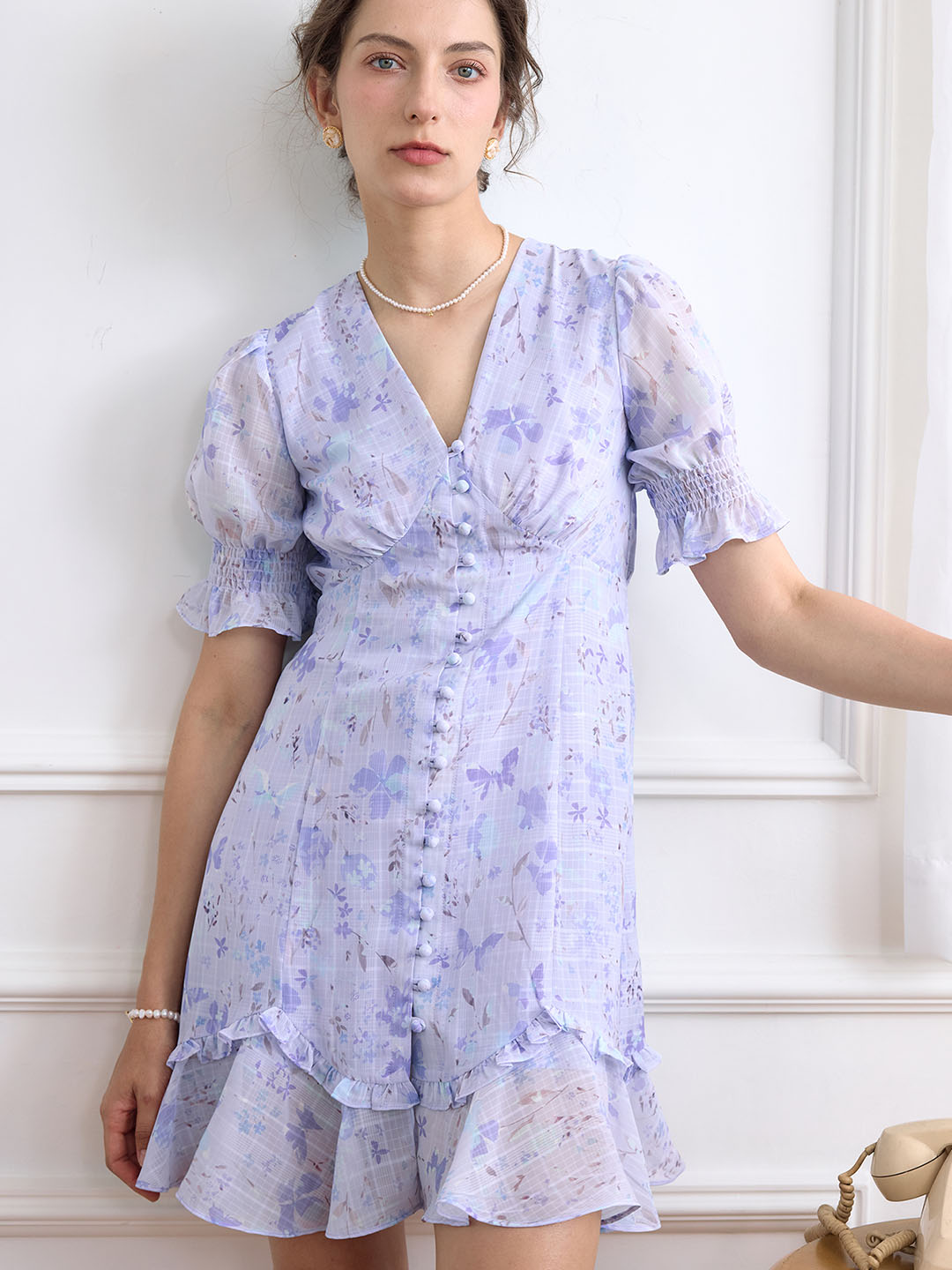 Nalani Ditsy Floral Print Puff Sleeve Ruffle Hem Dress