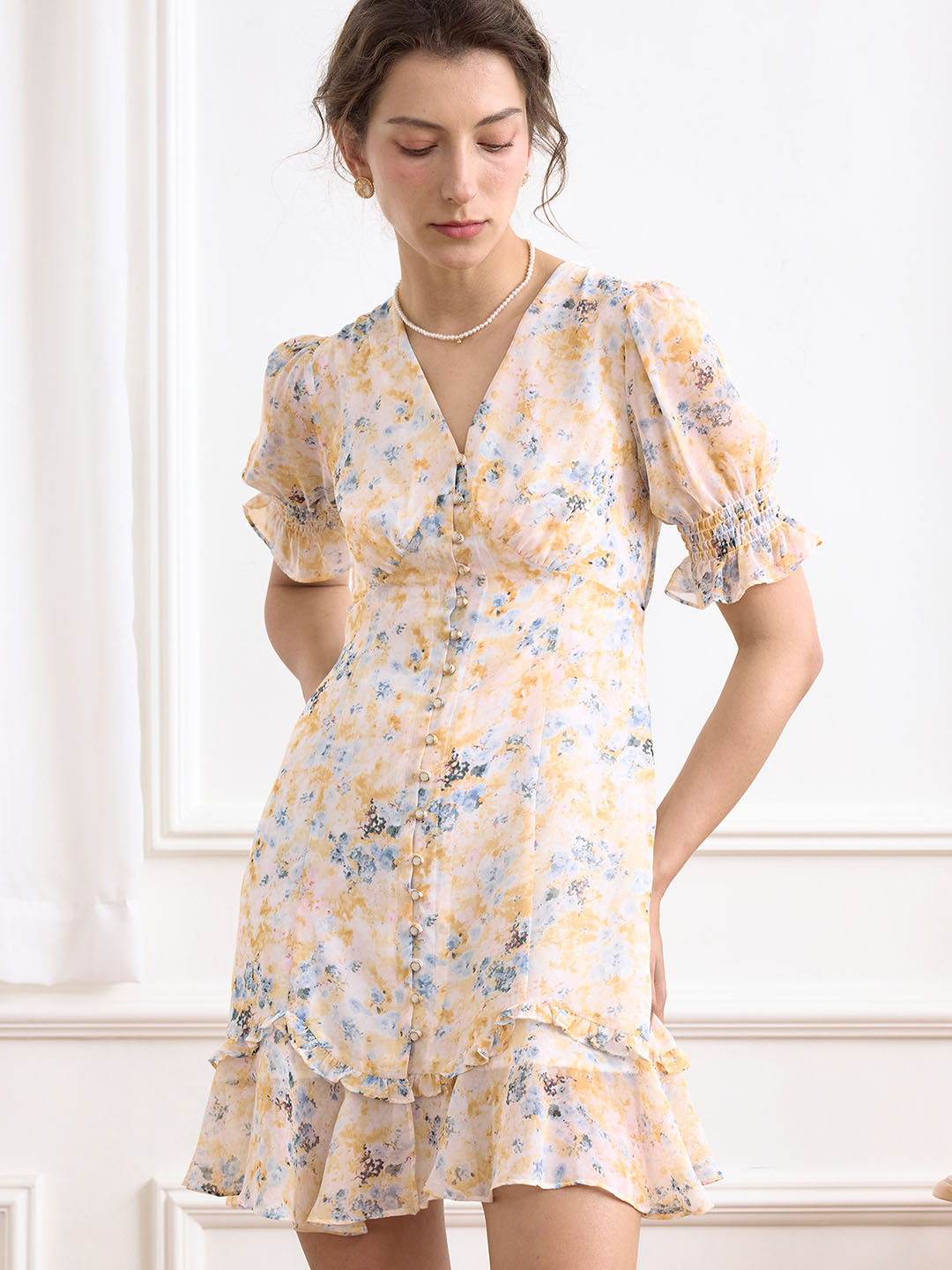 Nalani Ditsy Floral Print Puff Sleeve Ruffle Hem Dress