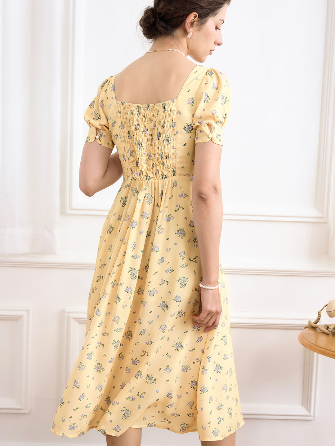 Davina Ditsy Floral Print Knot Front Puff Sleeve Dress