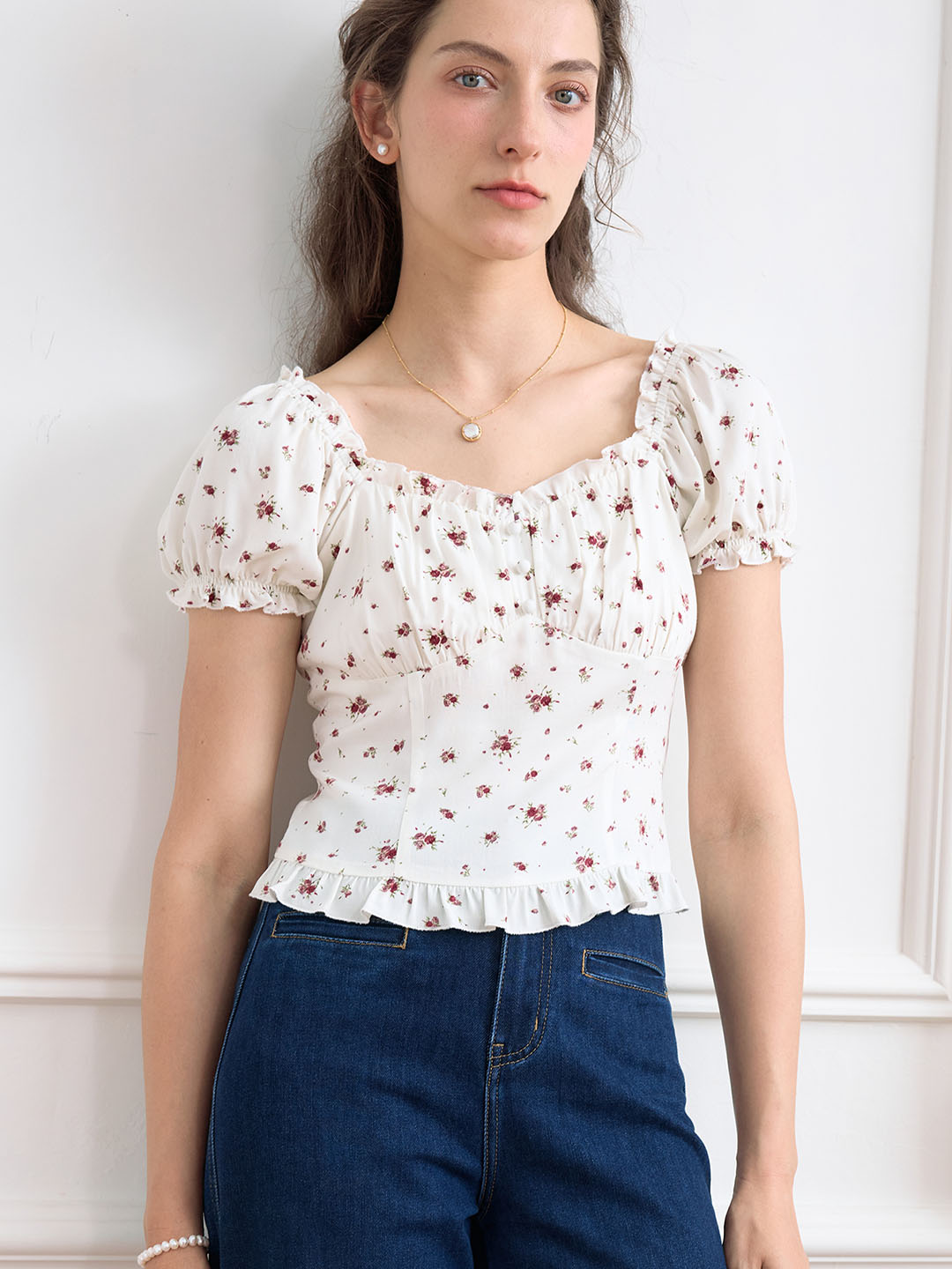 【Final Sale】Nia Ditsy Floral Print Ruched Bust Frill Trim Blouse