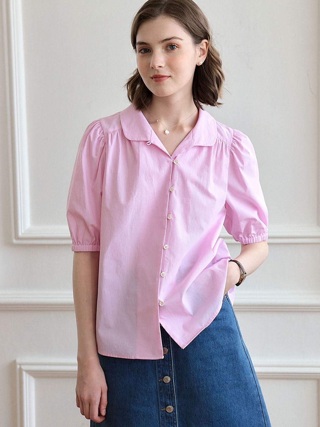 Kendra Sweet Small Lapel Pink Blouse