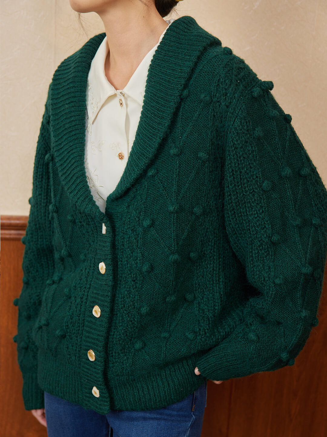 Nataly Cable Popcorn Chunky Green Knit Cardigan/Simple Retro/77017